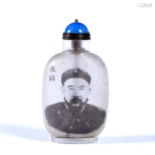 Opaque glass snuff bottle Chinese, Republic period with monochrome portrait and verse to the reverse