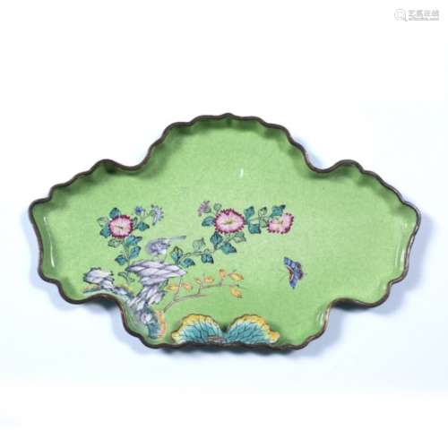 Enamel tray Chinese, 19th Century of green ground decoration, decorated with flowers coming out of a