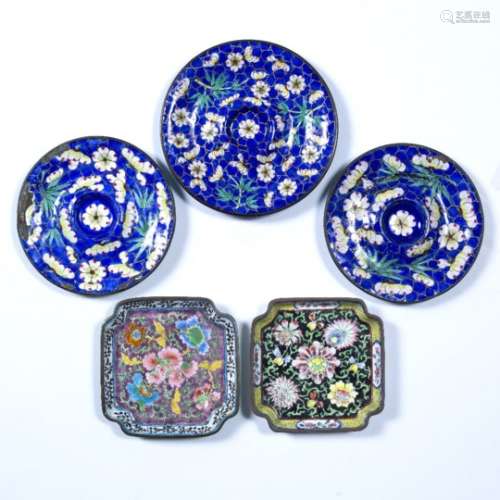 Three Canton enamel dishes Chinese, 19th Century decorated in blue ground with plant blossom,
