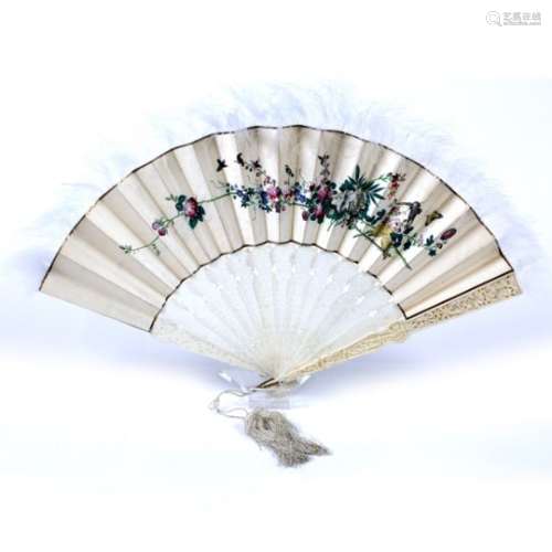 Canton ivory fan Chinese, 19th Century the top of the blades decorated on paper with birds and