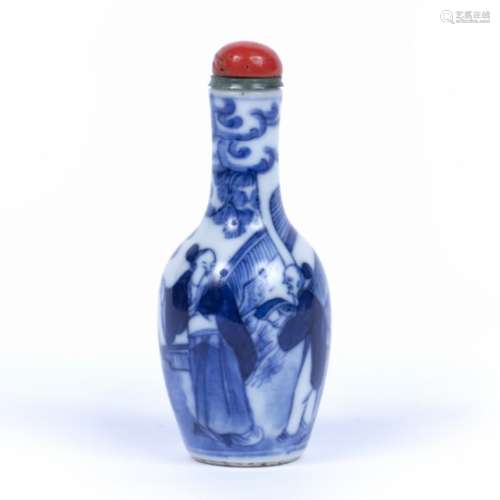 Blue and white snuff bottle of ovoid form with cylindrical neck, decorated with two figures, one