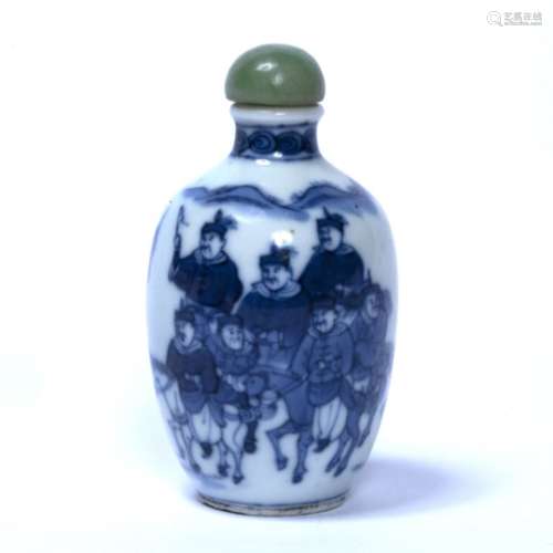 Blue and white snuff bottle Chinese, 19th Century of ovoid form, decorated with eight equestrian