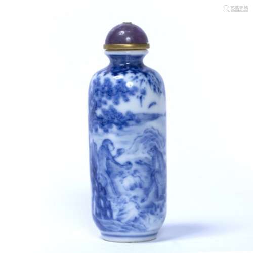 Blue and white snuff bottle Chinese of cylindrical form, decorated with monkeys in a landscape of