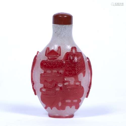 Red glass snuff bottle Chinese, 19th Century overlaid glass depicting precious objects to include