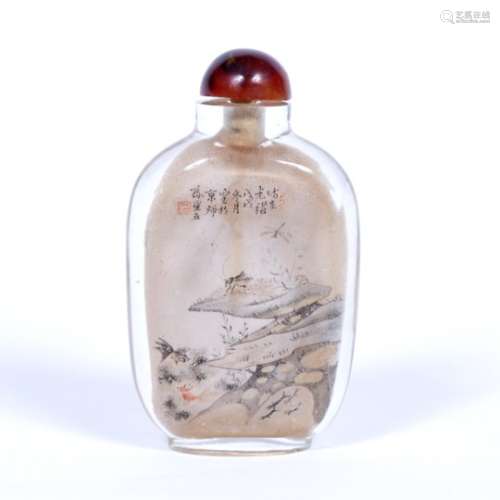 Inside painted snuff bottle Chinese, circa 1920 decorated to one side with a tree and insects, the