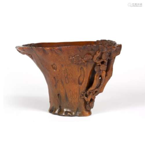 Rhinoceros horn libation cup Chinese, 18th Century carved as a pine tree with foliated branches
