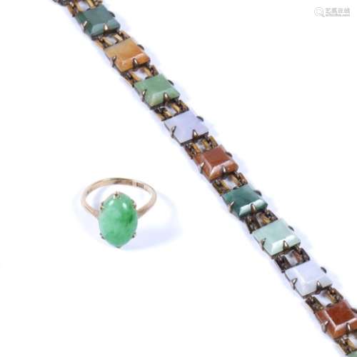 Vari-coloured jade panel bracelet comprising a line of vari-coloured jade and hardstone panels in