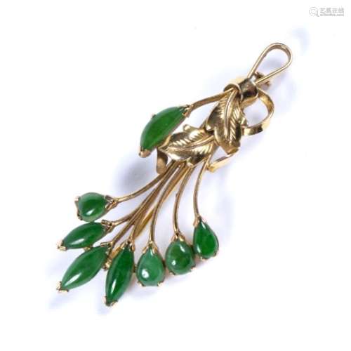 Jade spray brooch designed as a foliate and wirework spray terminating with jade cabochons,