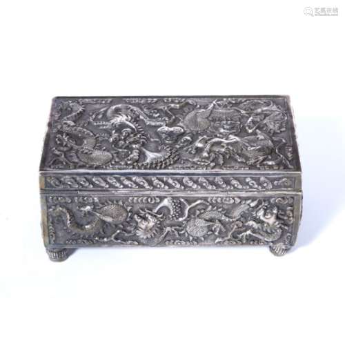 Silver box Chinese, 19th Century engraved depicting dragons in flight with a central small plaque