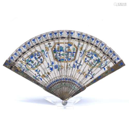 Coloured enamel fan Chinese, 19th Century decorated with fine metal work depicting flowers in gold