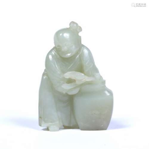 Jade carving of a figure Chinese holding a ruyi sceptre in one hand next to a large vase 8cm high