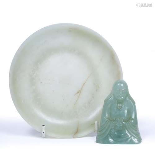 Pale celadon jade figure of a seated goddess holding a book Chinese 7.2cm and a mutton fat jade