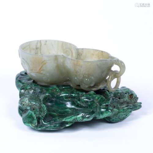 Translucent pale green jade brush washer Chinese, 19th Century carved as a gourd forming two bowls