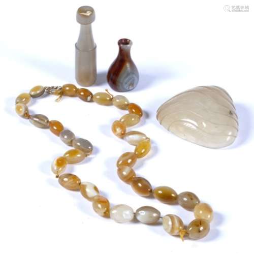 Group of agate ware including shell shaped brush washer 8cm bead necklace, 66cm long, miniature vase