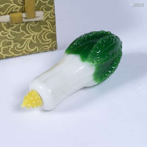 Peking glass snuff bottle Chinese with green leaf decoration and of gourd form