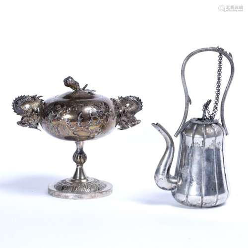 Two silver pieces Chinese the first a small footed bowl and cover with decoration to the outside