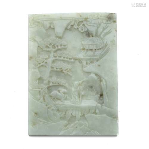 Celadon jade plaque Chinese, 18th Century carved to both sides, the first side carved with a