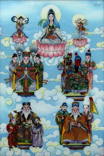 Three reverse glass paintings Chinese, 20th Century depicting Guanyin and other Chinese deities,