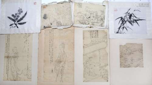 Group of pen and ink and other watercolours studies Chinese, 19th/20th Century including Guanyin,