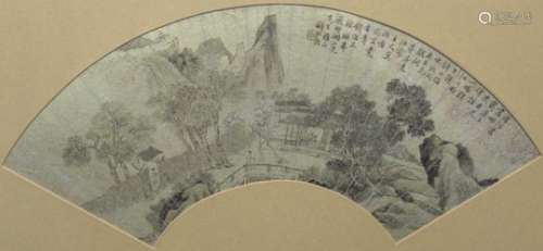 Chinese School framed paper fan depicting a southern landscape with various buildings and figures,