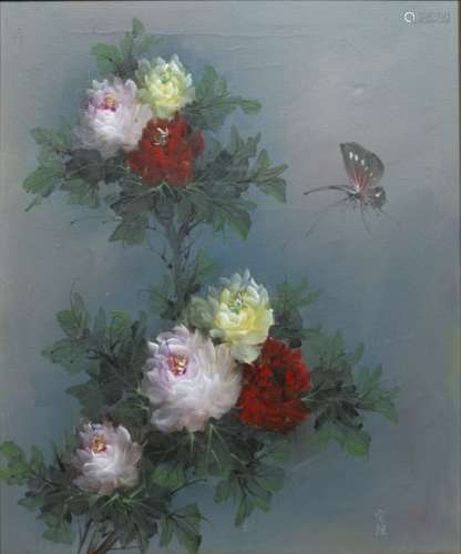 Contemporary School Chinese butterfly and flowers, oil on canvas, signed 48cm x 60cm
