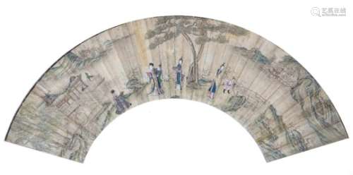 Chinese School 18th/19th Century fan study with figures in a garden setting, with later mount 50cm
