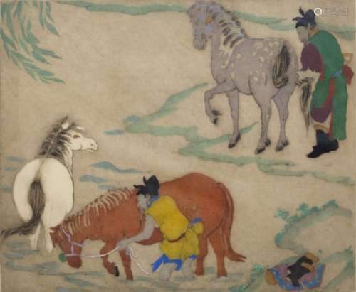 Lord Elyse Ashe (1895-1971) 'Chinese' drypoint etching, signed in pencil lower left 34m x 39cm and