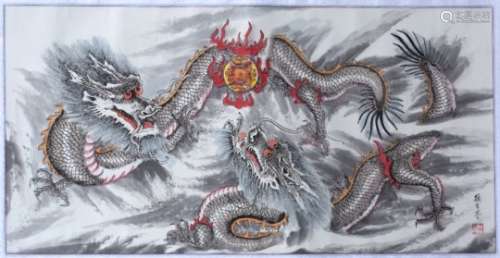 Scroll Chinese 20th Century watercolour on paper, depicting dragons chasing the flaming pearl