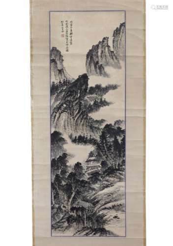 Scroll Chinese Black ink on paper of a mountain landscape measures 101cm x 34cm and one other