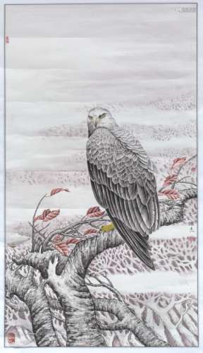 Scroll Chinese, 20th Century depicting a perched hawk, watercolour on paper bears the seal of Chen