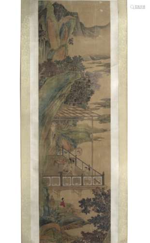 Three Chinese scrolls 18th Century the first after Qiu Ying depicting a terrace scene with ladies in