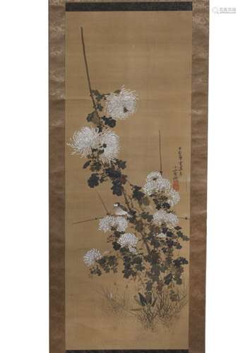 Chinese School 19th/20th Century scroll with chrysanthemums and birds, inscribed and signed with red