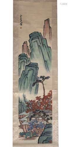 Bai Shi Shan Weng (Qi Da) Chinese depicting a stylised mountain landscape with pine trees and