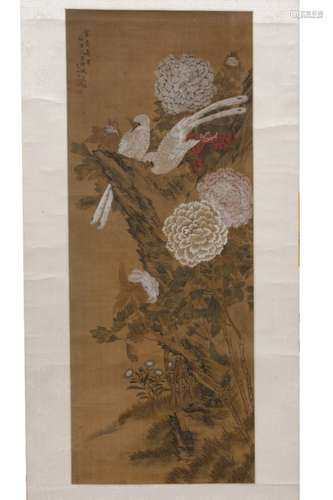 Lu Zhi (1496-1576) also known as Bao Shanzi Chinese Scroll painting chrysanthemums and birds amongst