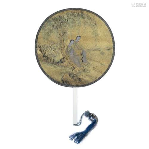 Fabric fan Chinese, 19th Century with an ivory handle, one side decorated with floral decoration