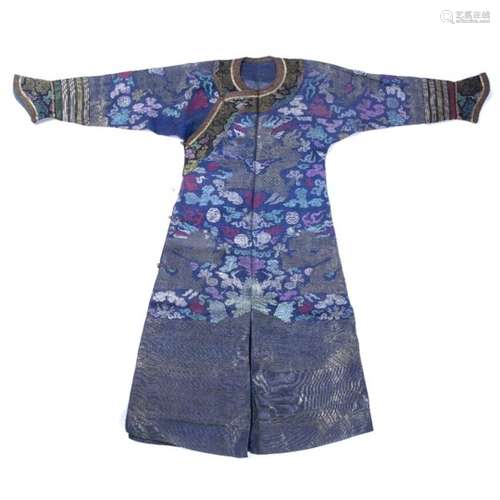 Summercoat Chinese, 19th/20th Century of blue ground, decorated with five claw dragons flying in the