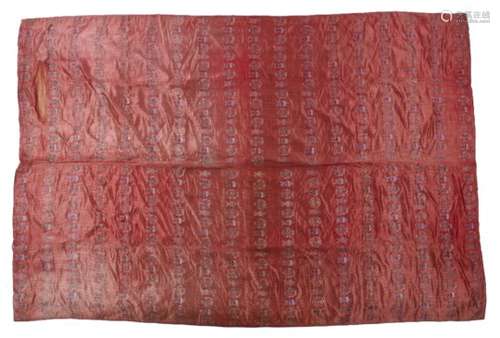 Three red ground silk panels Tibetan each with bands of stylised motifs 212cm x 144cm (3)