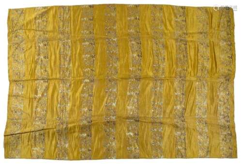 Yellow silk panel Tibetan gold and other thread linear designs 200cm x 130cm approx.