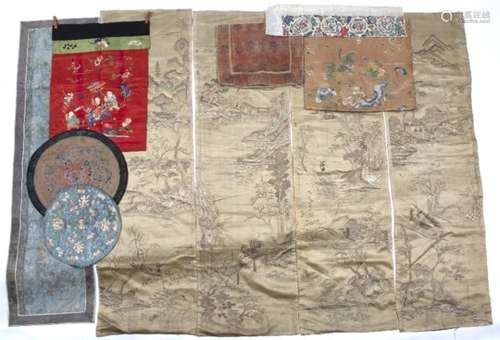 Group of silk and other panels Chinese with embroidered decoration