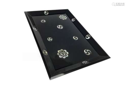 A CHINESE LACQUERED AND MOTHER OF PEARL INLAID TRAY