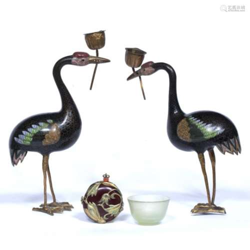 Pair of cloisonne stork candle holders Chinese, circa 1900 23cm a snuff bottle with coral mount, 5cm