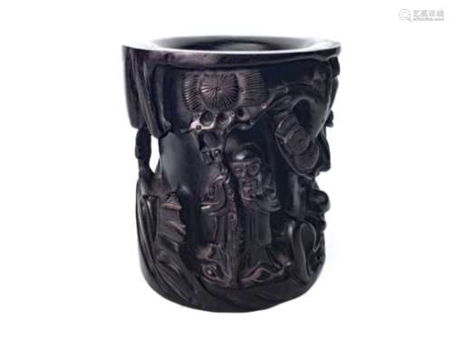 A CHINESE CARVED WOOD BRUSH POT