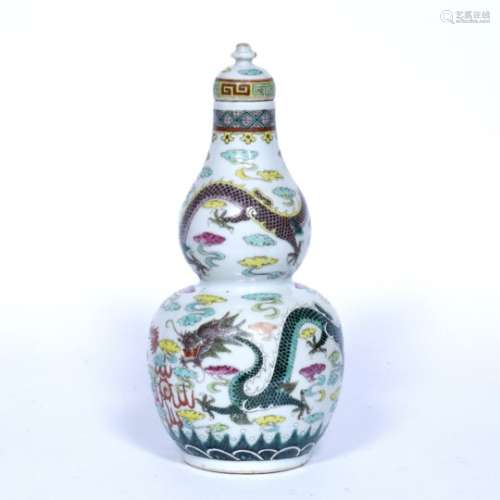 Polychrome double gourd vase Chinese, 19th/20th Century with dragon and flaming pearl painted