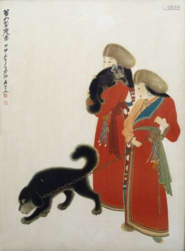 Chinese print Two figures leading a hound 52cm x 39cm