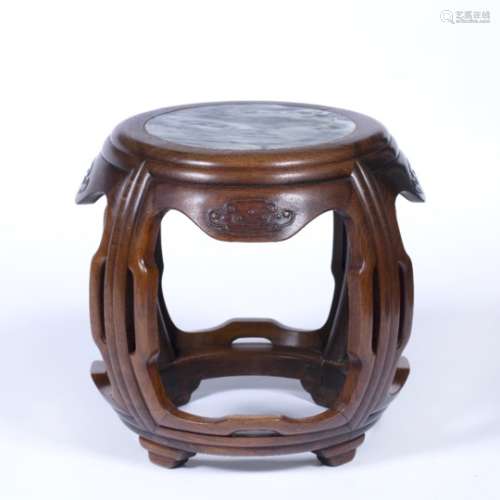Marble inset hardwood barrel formed stool Chinese, 19th/20th Century with a grey marble inset top,