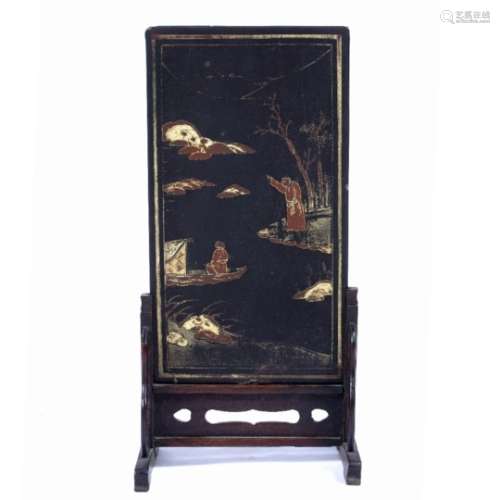 Lacquer table screen Chinese, 19th Century in a hardwood stand, with figures to one side,
