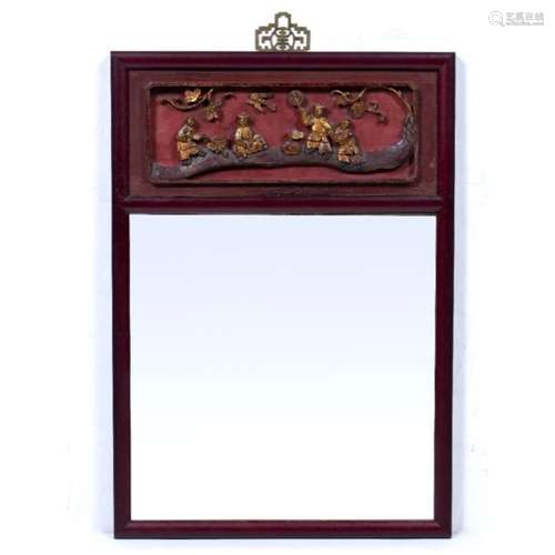 Carved over door panel Chinese 116cm x 38cm and a red lacquer mirror with inset carved early