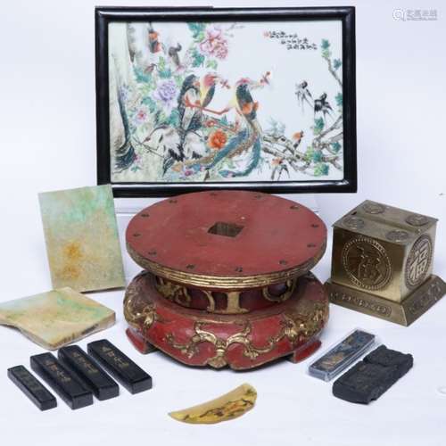 Group of pieces Chinese, 19th/20th Century including two jade panels, red carved lacquer stand,