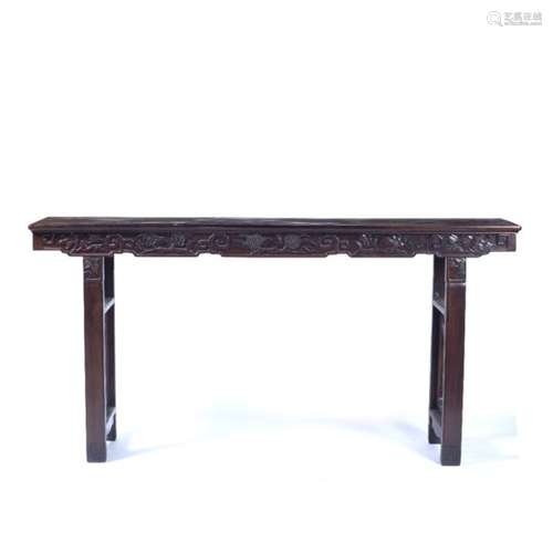 Large rosewood altar table Chinese, 19th Century with carved fruit and foliate frieze 190cm across x