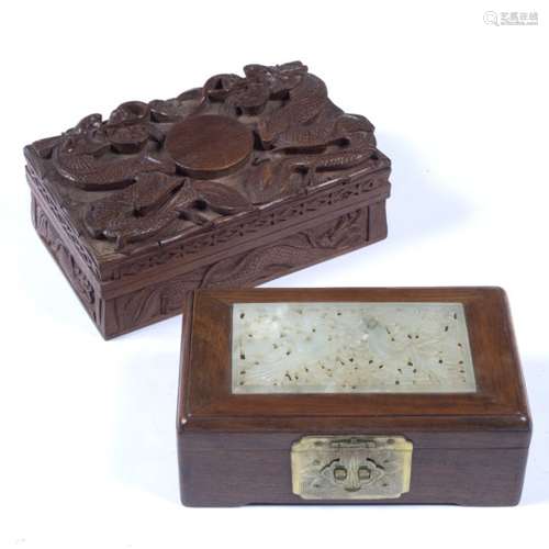 Hardwood small box Chinese with inset jade carved plaque, depicting two birds 18cm x 11cm and one